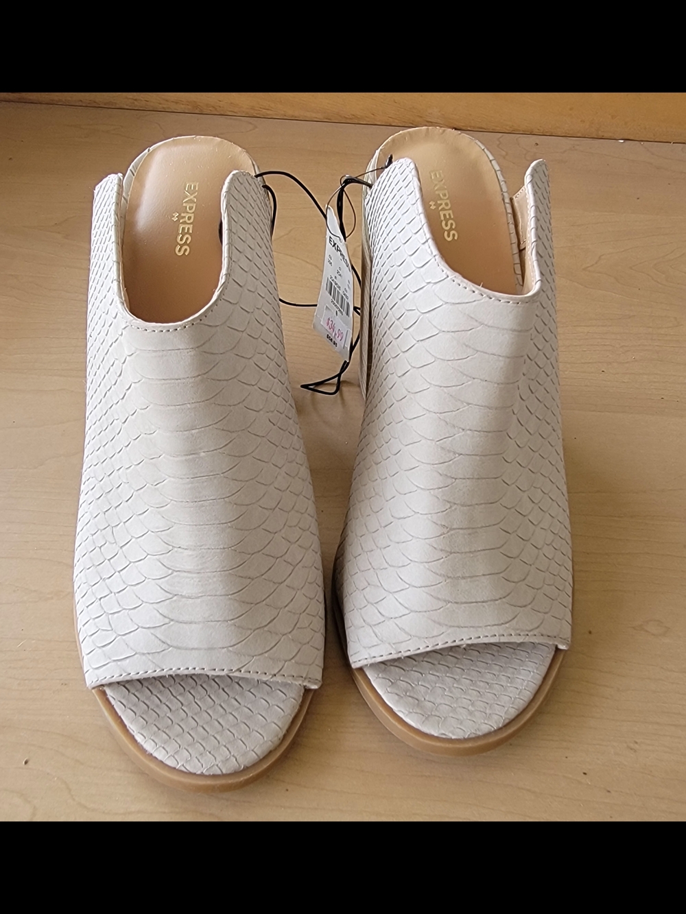 Express Cream Textured Peep-Toe Mule Slides